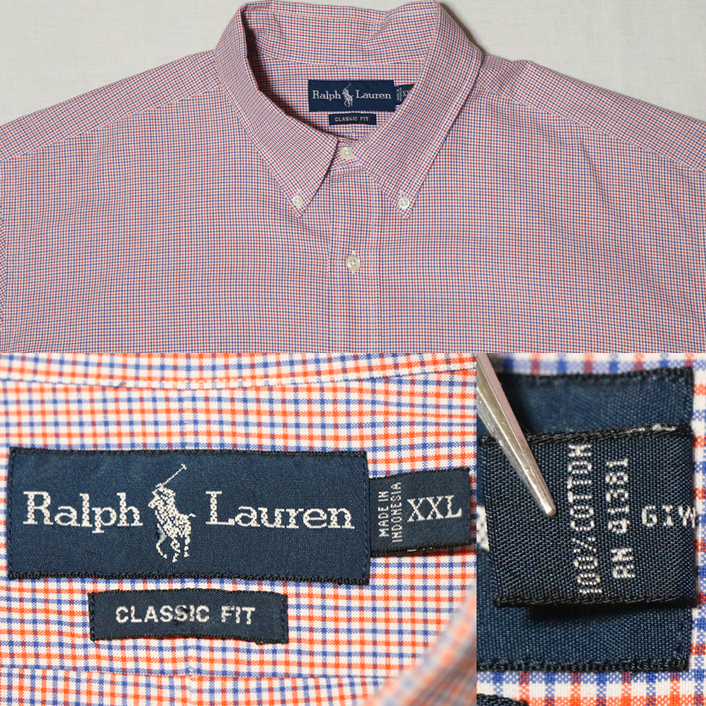 アメリカ購入品 美品 RALPH LAUREN ラルフローレン トリコロールチェック 半袖ボタンダウンシャツ オレンジ 青 白 XXL_画像9