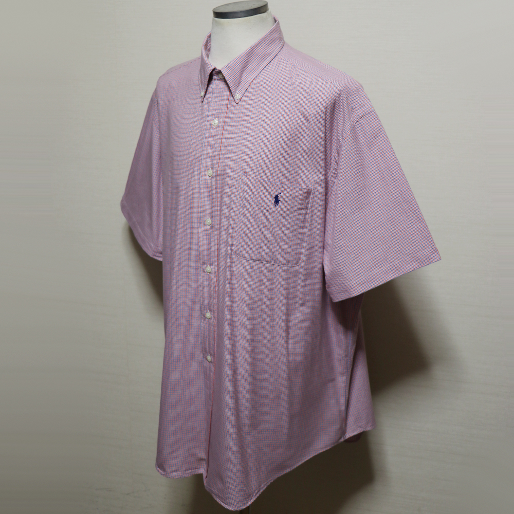 アメリカ購入品 美品 RALPH LAUREN ラルフローレン トリコロールチェック 半袖ボタンダウンシャツ オレンジ 青 白 XXL_画像6