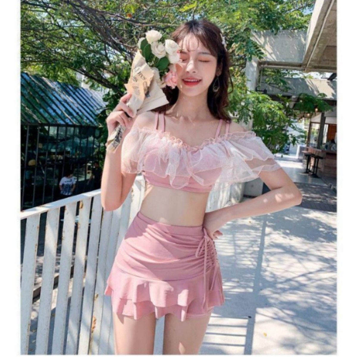 レディース　水着　セパレート　L　おしゃれ☆体型カバー☆かわいい・韓国ファッション・ビキニ・フリル・キュート　ピンク sexy
