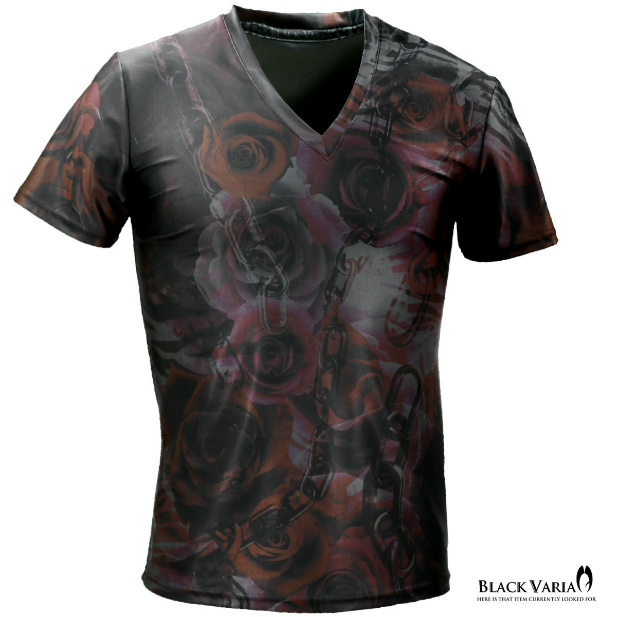 9#bv10-gyre BLACK VARIA 薔薇 花 チェーン ゼブラ プレミアムVネック半袖Tシャツ メンズ(グレー灰レッド赤) M 吸水速乾 2wayストレッチ_画像1