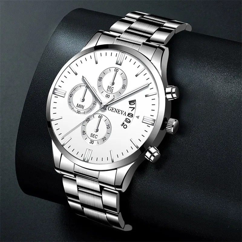 メンズ腕時計 新品未使用 アナログ GENEVA SWS  ファッション クォーツ ウォッチ クロノグラフ シルバー&ホワイト