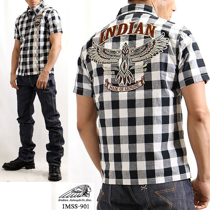 【セール価格！半額！】 半袖チェックシャツ INDIAN MOTOCYCLE インディアン モトサイクル IMSS-901－オフチェックーサイズＭ