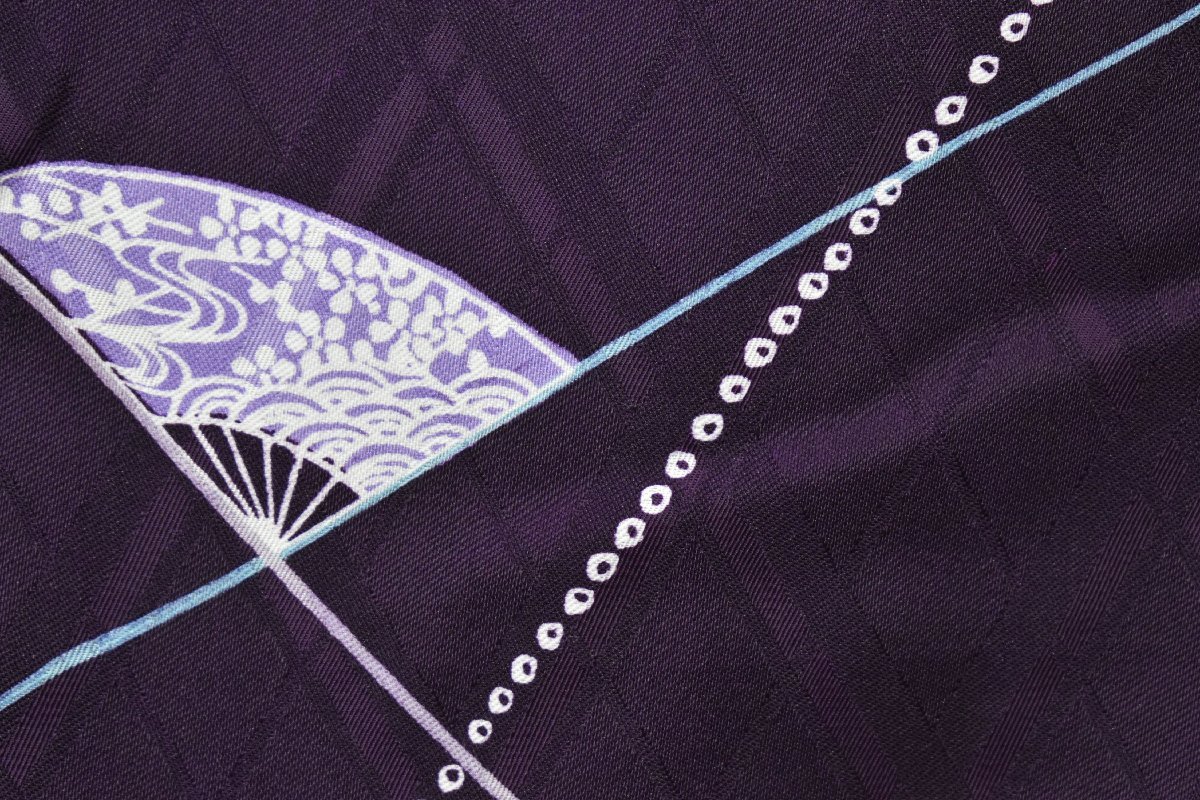 小紋 着物 紫色 扇子 流水文 おしゃれ リメイク素材 趣味 バッグ 身丈158cm 裄丈64.5cm ☆kb-4502_画像3
