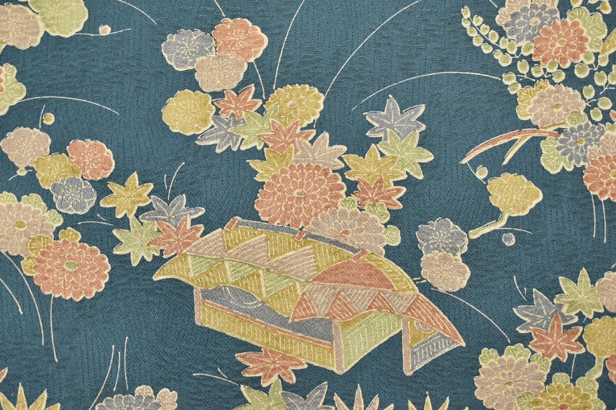 小紋 着物 菊 花 梅 秋草文 風景 身丈153cm 裄丈65cm　★ kb-1722_画像1