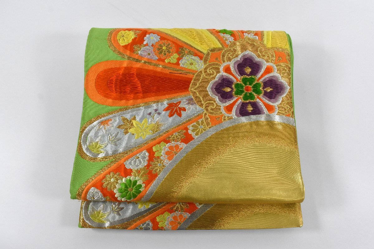  double-woven obi simplified six through pattern yellow green color flower stylish obi height 420cm * kimono shop ne-3577