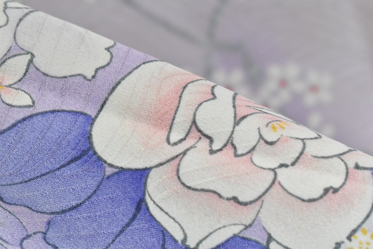 小紋 着物 薄紫色 花 葉 おしゃれ 可愛い リメイク素材 趣味 バッグ 身丈156cm 裄丈66.5cm　★ kb-4727_画像3