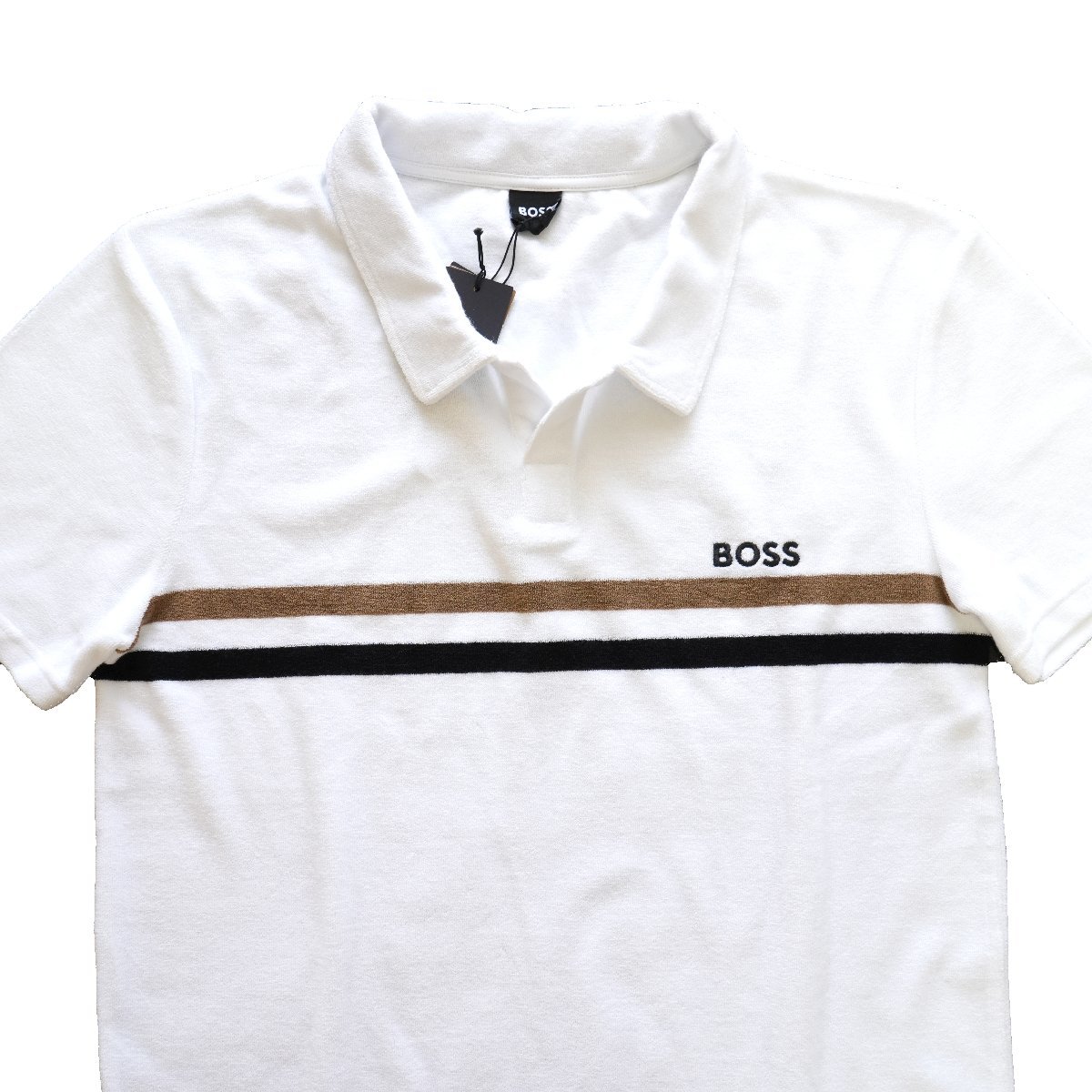 ◆新品◆ヒューゴ ボス◆快適リラックス 春夏最強パイル素材 BOSS ロゴ トリコカラー スキッパー ポロシャツ 半袖 M 白◆HUGO 大谷翔平愛用_画像2