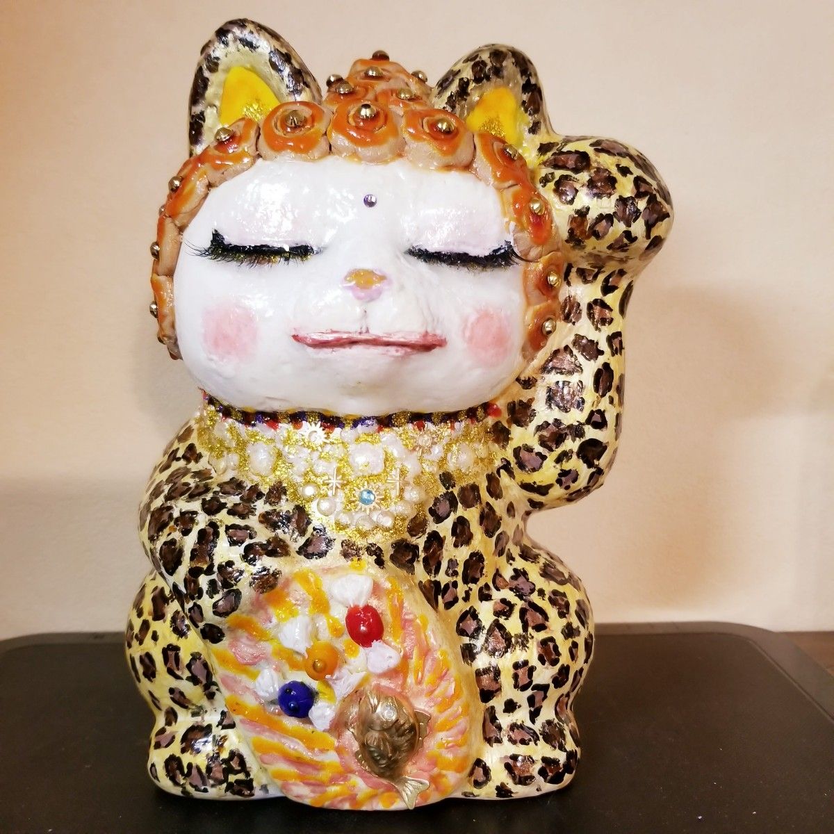 招き猫 陶器 豹柄 縁起物 新品 贈答 ギフト まねき猫 ビッグサイズ オリジナル ハンドメイド ヒョウ柄