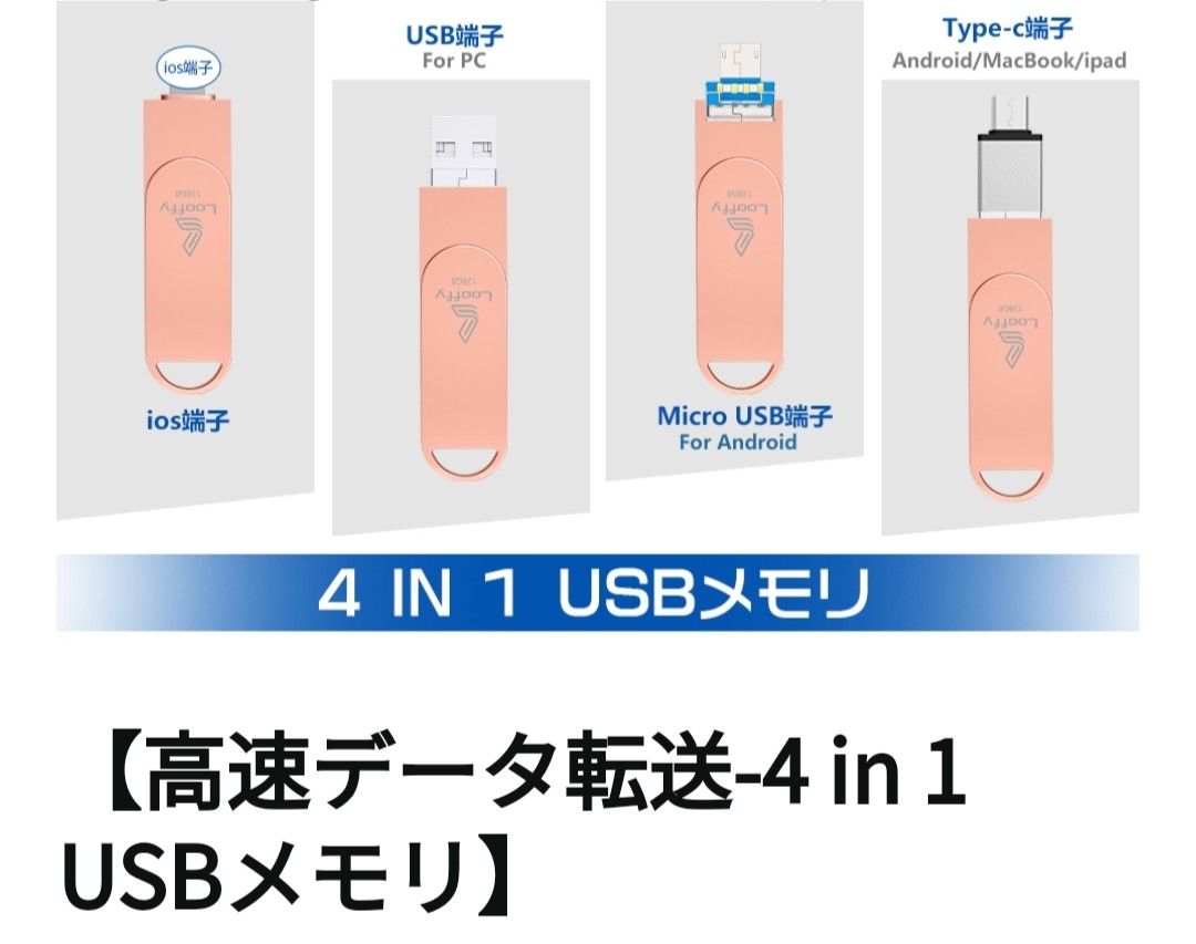 usbメモリー フラッシュドライブ アイフォン用メモリ 128GB  両面挿し 4in1 USBメモリ 大容量