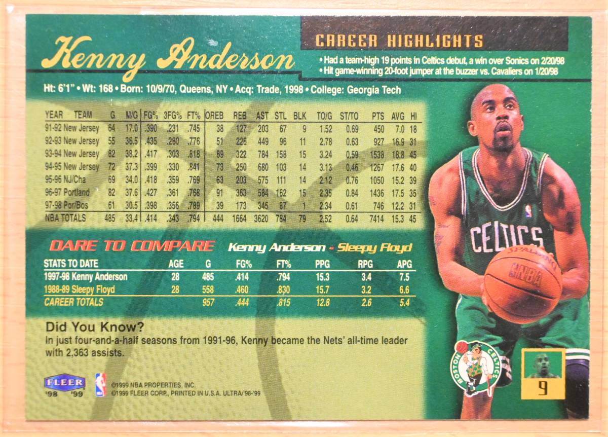 KENNY ANDERSON (ケニー・アンダーソン) 1999 fleer ultraトレーディングカード 9 【NBA,ボストンセルティックス,BOSTON CELTICS】_画像2