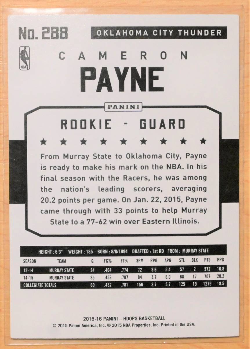 CAMERON PAYNE (キャメロン・ペイン) 2015-16 ROOKIE ルーキー トレーディングカード 【NBA,オクラホマシティ・サンダー,OKC THUNDER】_画像2