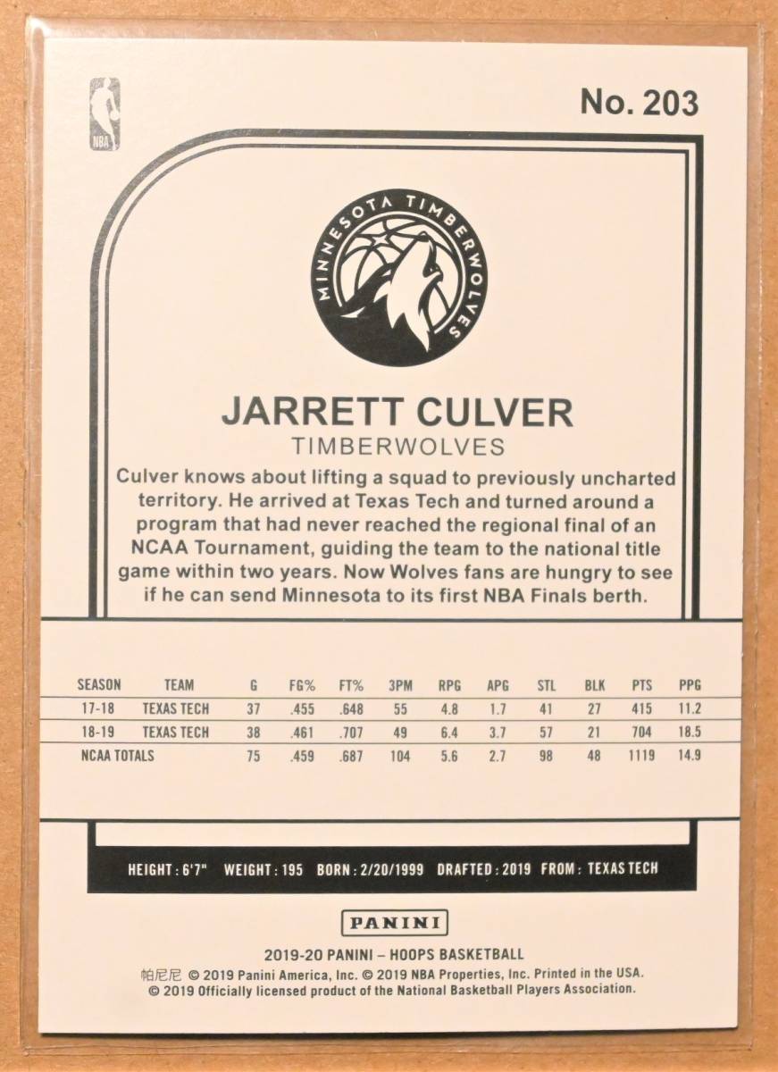 JARRETT CULVER (ジャレット・カルバー) 2019-20 ROOKIE ルーキー トレーディングカード 【NBA,ミネソタティンバーウルブズ,TIMBERWOLVES】_画像2