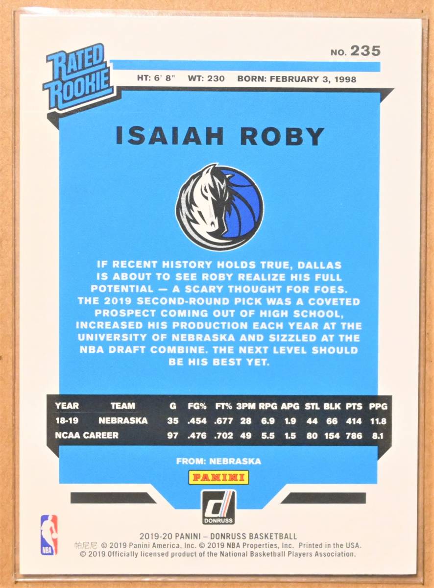 ISAIAH ROBY (アイザイア・ロビー) 2019-20 RATED ROOKIE ルーキー トレーディングカード 【NBA,ダラスマーベリックス,MAVS】　_画像2