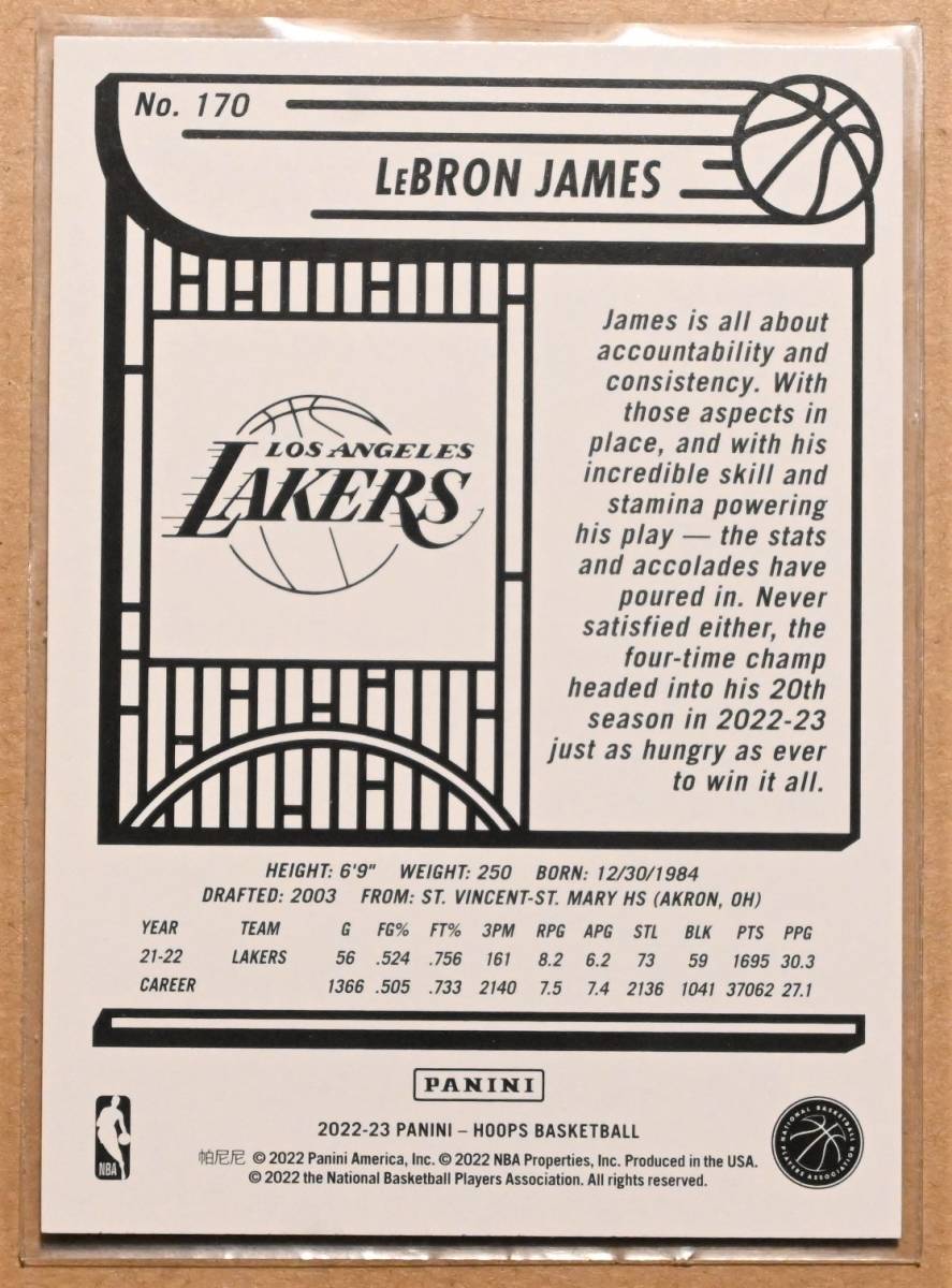 LEBRON JAMES (レブロン・ジェームズ) 2022-23 HOOPS トレーディングカード 170 【NBA,ロサンゼルスレイカーズ,LAKERS】_画像2