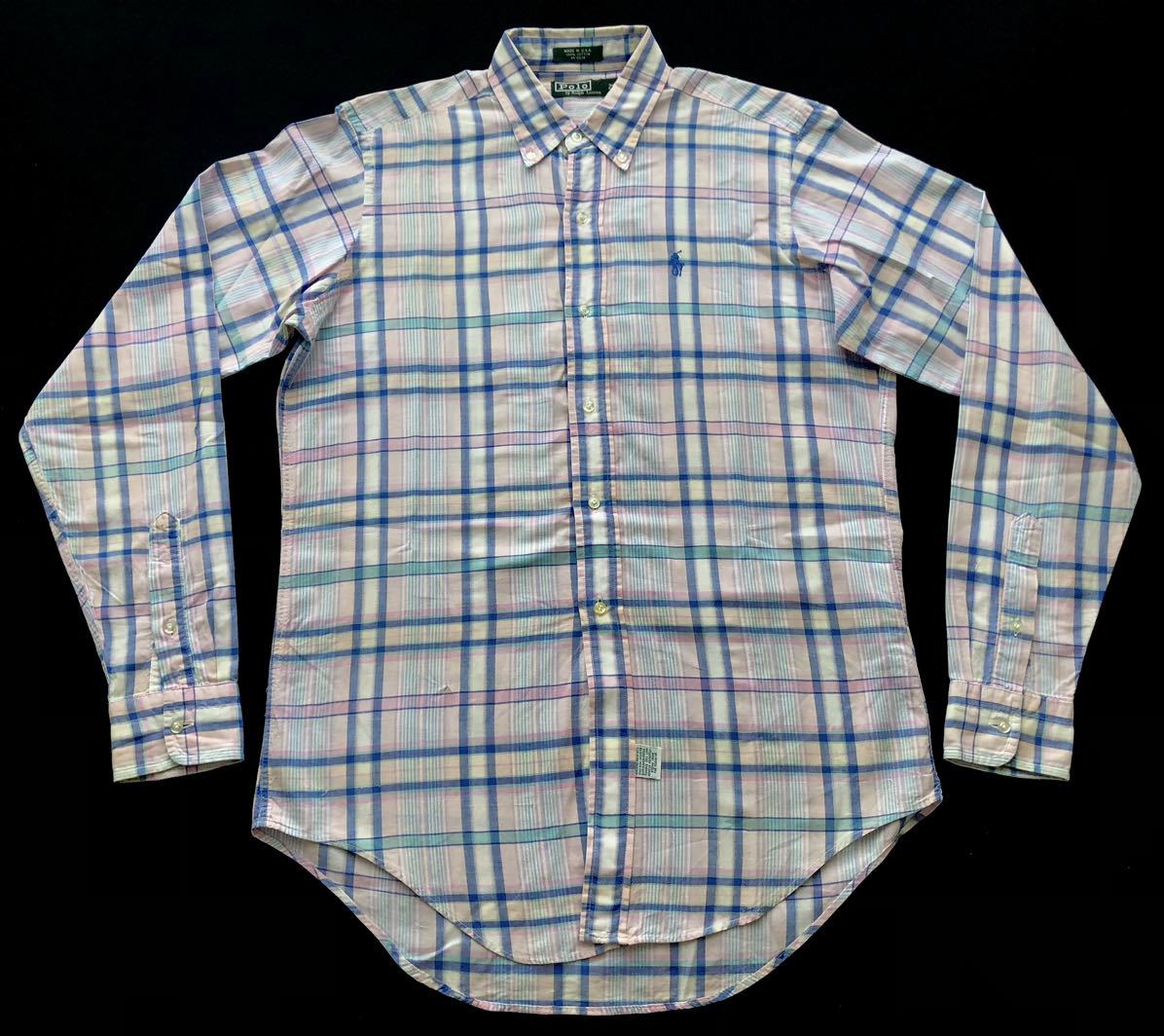 80s USA製 ポロ バイ ラルフローレン ボタンダウンシャツ チェックシャツ　　紙タグ Polo by Ralph Lauren MADE IN USA アメリカ製 柳7420_画像1