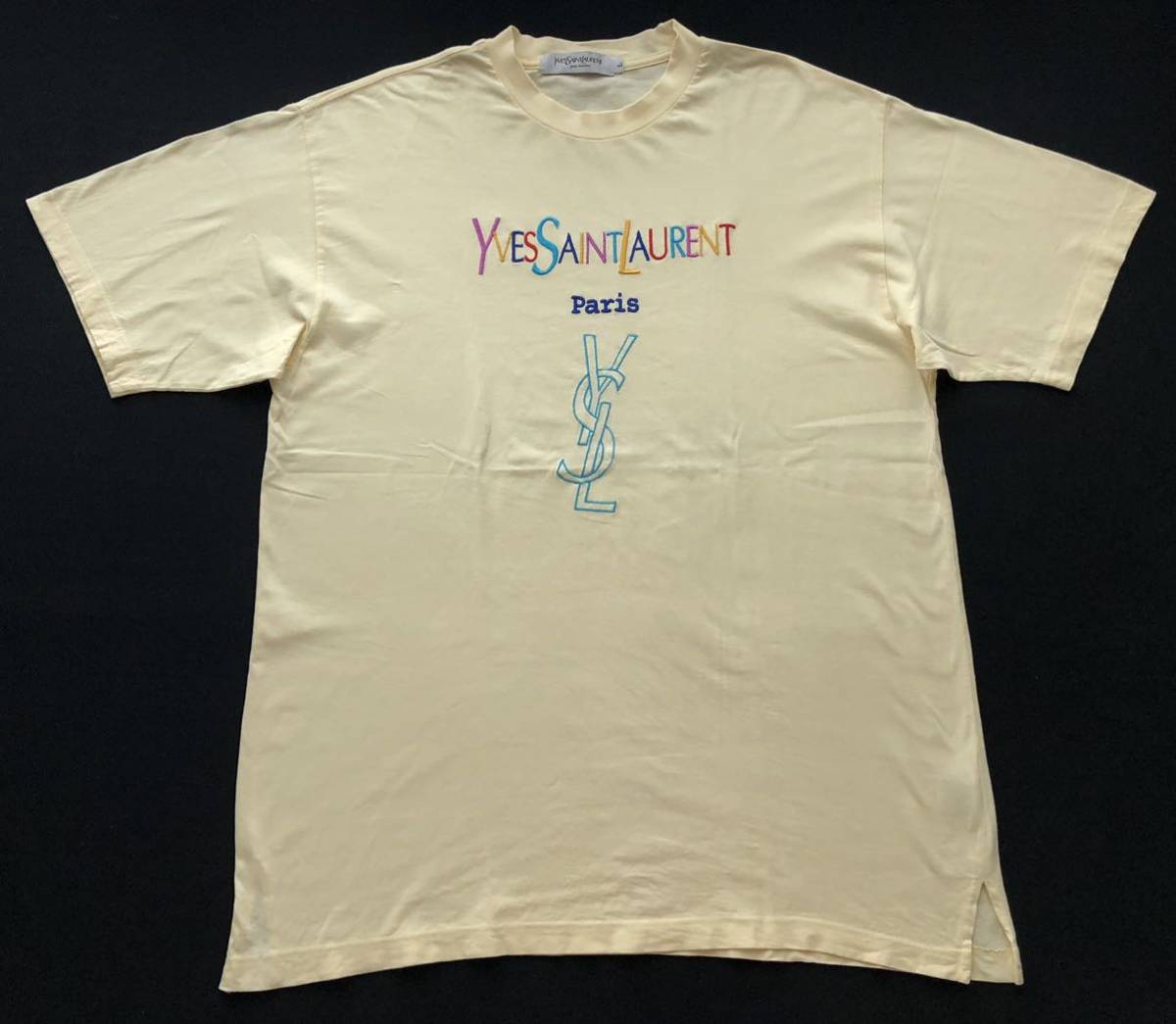 90s イヴサンローラン パリス 刺繍 ビッグロゴ デカロゴ Tシャツ　　ポップカラー YSL Yves Saint Laurent pour homme オールド 柳5966