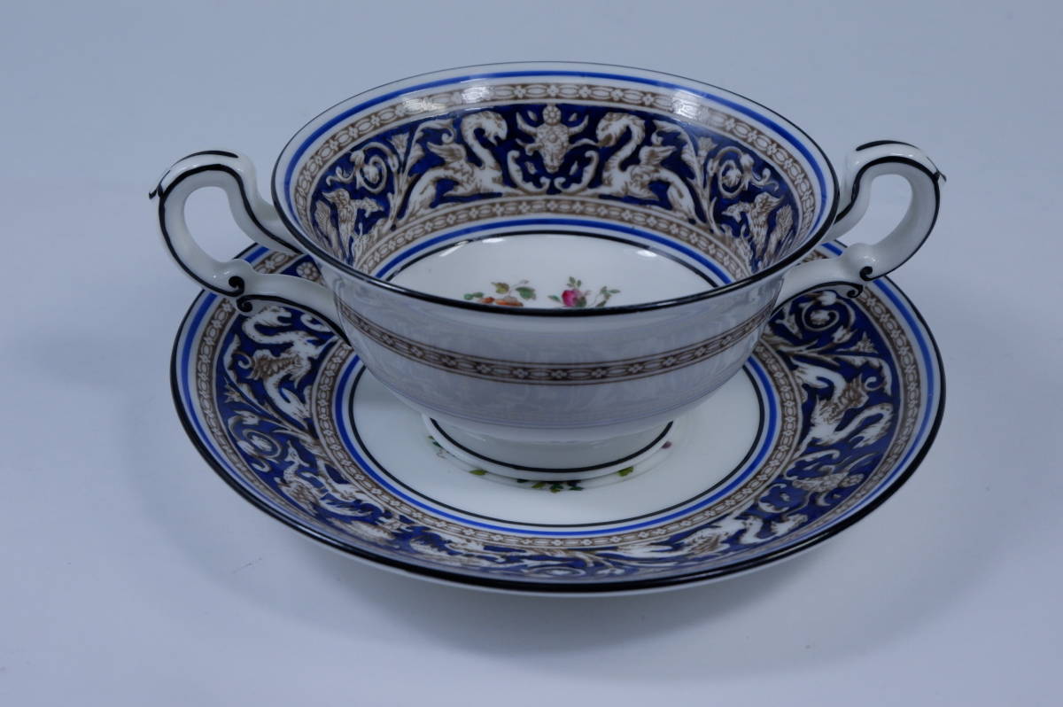 ウェッジウッド フロレンティーン コバルトブルー スープカップ＆ソーサー Wedgwood FLORENTINE 茶壺 花柄