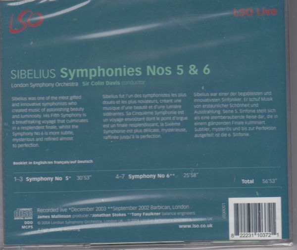 [CD/Lso]シベリウス:交響曲第5番変ホ長調Op.82&交響曲第6番ニ短調Op.104/C.デイヴィス&ロンドン交響楽団 2002-2003_画像2
