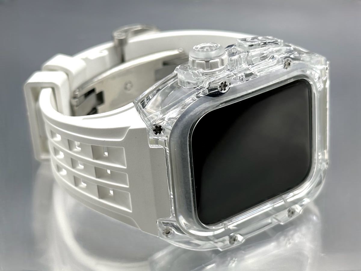 ホワイト☆アップルウォッチバンド ラバーベルト カバー　Apple Watch クリア ケース 44mm45mm 4 5 6 7 8 9 se スポーツ メンズ レディース