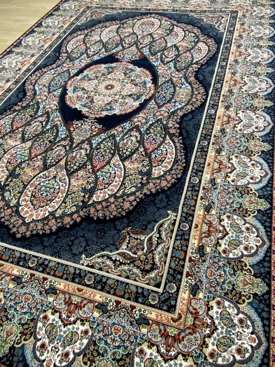 百貨店展示品 大判 最高峰約144万ノットシルク混ウール100％ イラン産手織り 高級ペルシャ絨毯 201×305cm