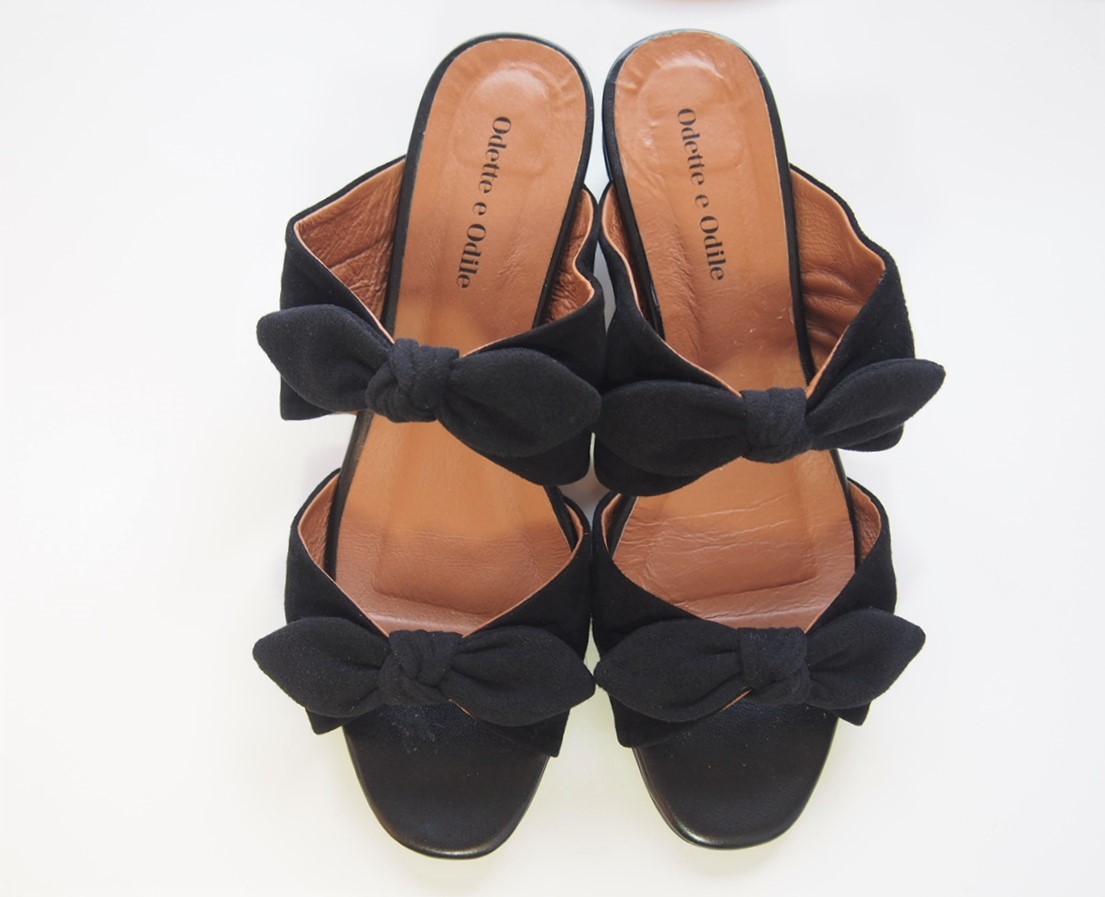  regular price 2 ten thousand *Odette e Odile* pretty 2 step ribbon * black * soft material mules sandals 37otetoeoti-ru/sue-do/ square tou futoshi heel 