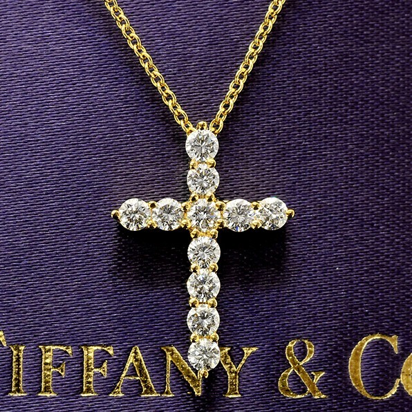 TIFFANY＆Co. ティファニー 750 スモール クロス ペンダント ネックレス 40㎝ 2.8g ダイヤモンド イエローゴールド K18 YG 8072627