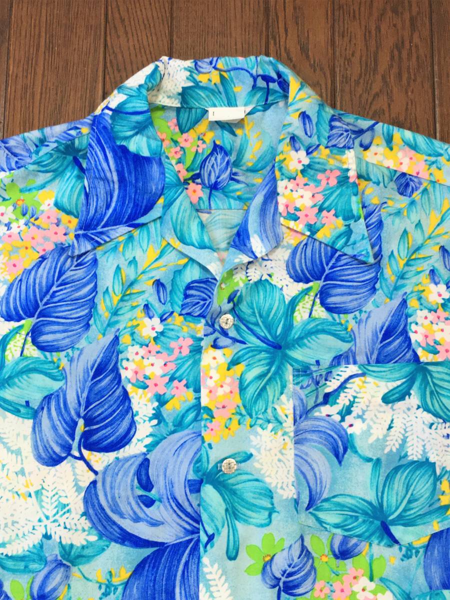 ハワイ製 ヴィンテージ 花柄 アロハシャツ ブルー 青 ハワイアン MADE IN HAWAII １００％アクリル フラワー ボタニカル_画像1