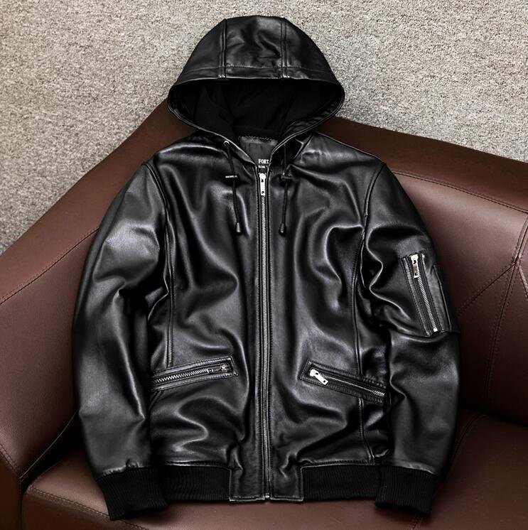 安いそれに目立つ 新品 レザージャケット 上品 フード付き本革 S~4XL