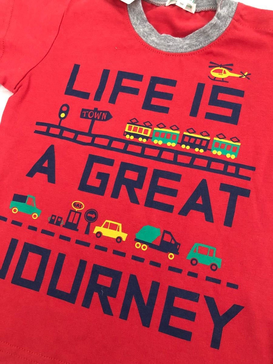 新品　3can4on  サンカンシオン　 半袖Tシャツ　90cm  電車　車　トラック　赤色　男の子
