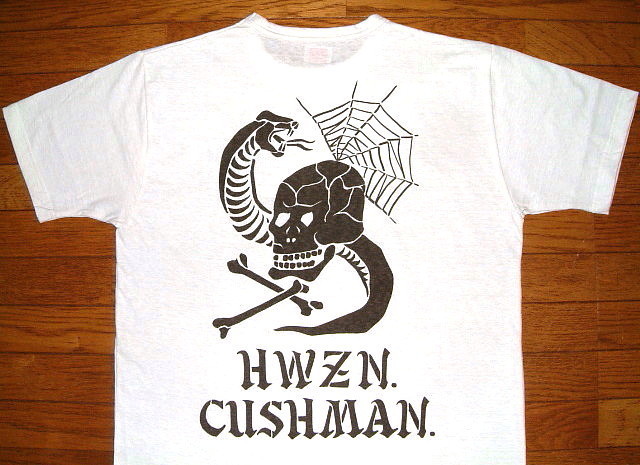 新品 CUSHMAN×HWZN BROSS クッシュマン×ハウゼンブロス Wネーム 肉厚 コットン生地 半袖 Tシャツ [スカル&スネーク] (Mサイズ/白) 髑髏