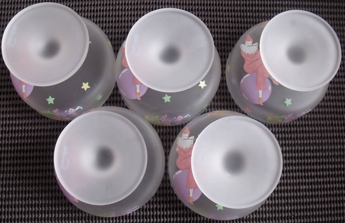 昭和レトロ　ガラス　足つきデザート皿　5個セット　ピエロ　メルヘン　使用感あり　長期自宅保管品_画像4