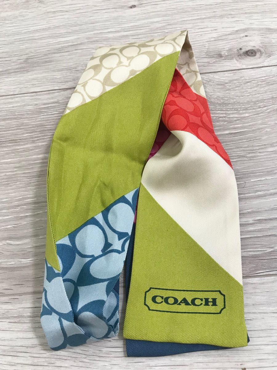 【美品】COACH コーチ シグネチャー ストライプ リボンスカーフ マルチカラ ツイリースカーフ 柄