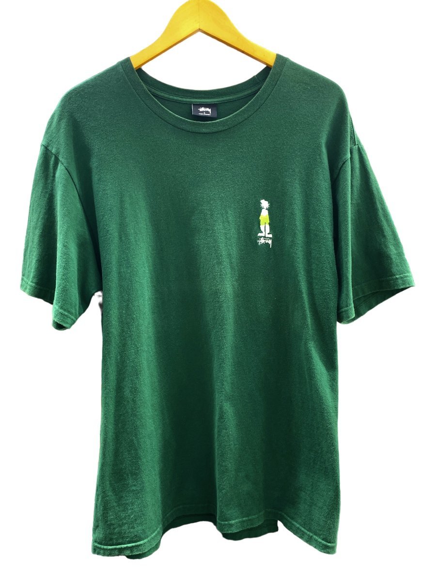 STUSSY (ステューシー) Tシャツ フロントロゴ シャドーマン 刺繍 半袖 メキシコ製 綿 コットン L グリーン メンズ/025_画像1