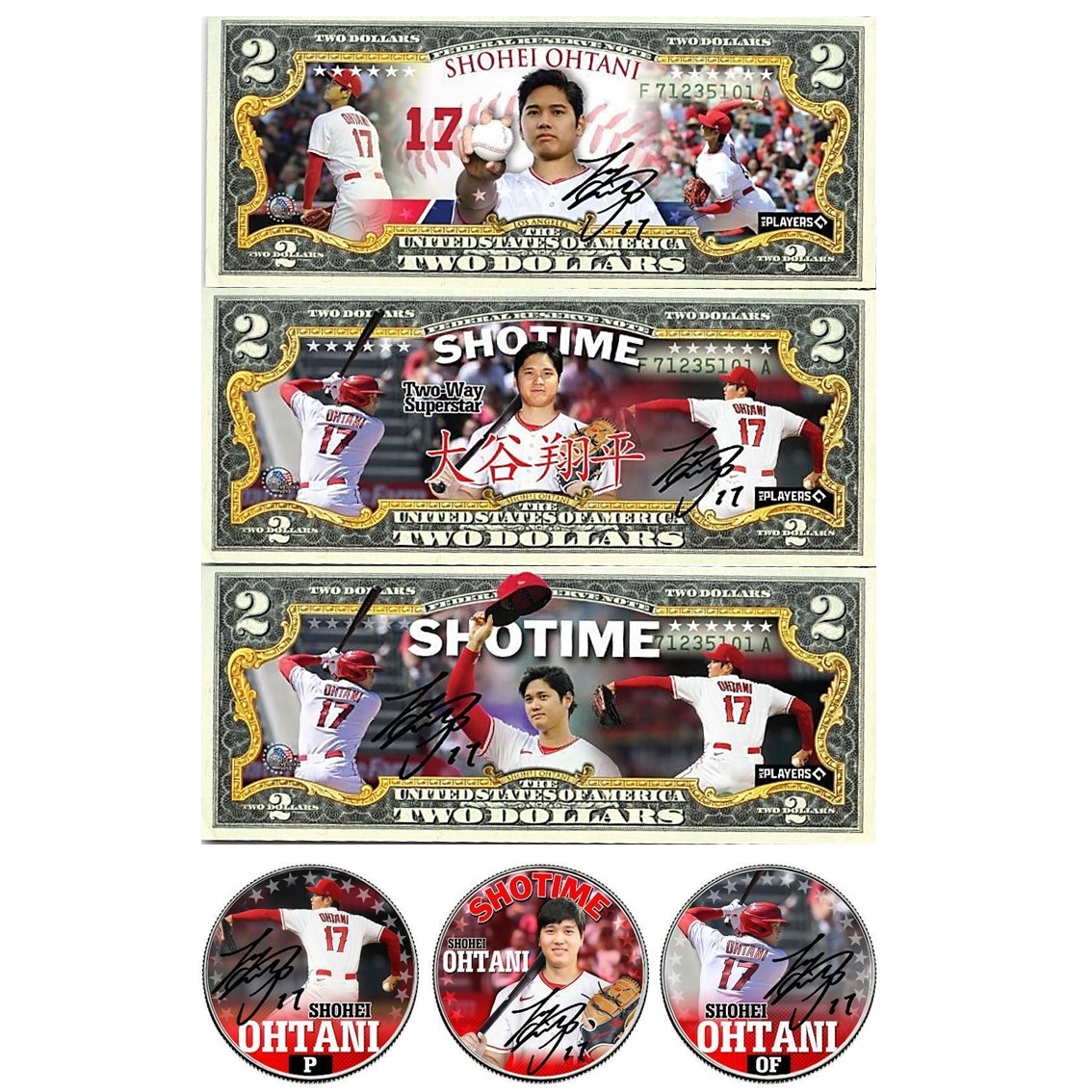 大谷翔平 アメリカ 2ドル札 紙幣 50セント コイン 3枚セット サイン 大