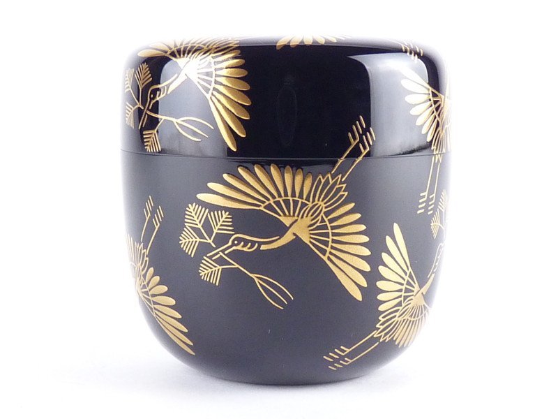 都屋】5 蒔絵師岡本康伸黒塗「松喰鶴蒔絵大棗」共箱高さ約7.5cm 幅約