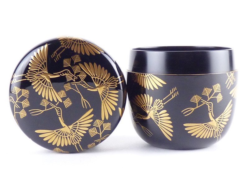 都屋】5 蒔絵師岡本康伸黒塗「松喰鶴蒔絵大棗」共箱高さ約7.5cm 幅約