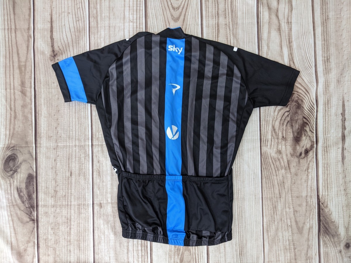 16．状態良好 サイクリングウェア 企業ロゴ ラグラン デカプリント 一部ストライプ柄 半袖サイクリングジャケット メンズS 黒青白 x301_画像3