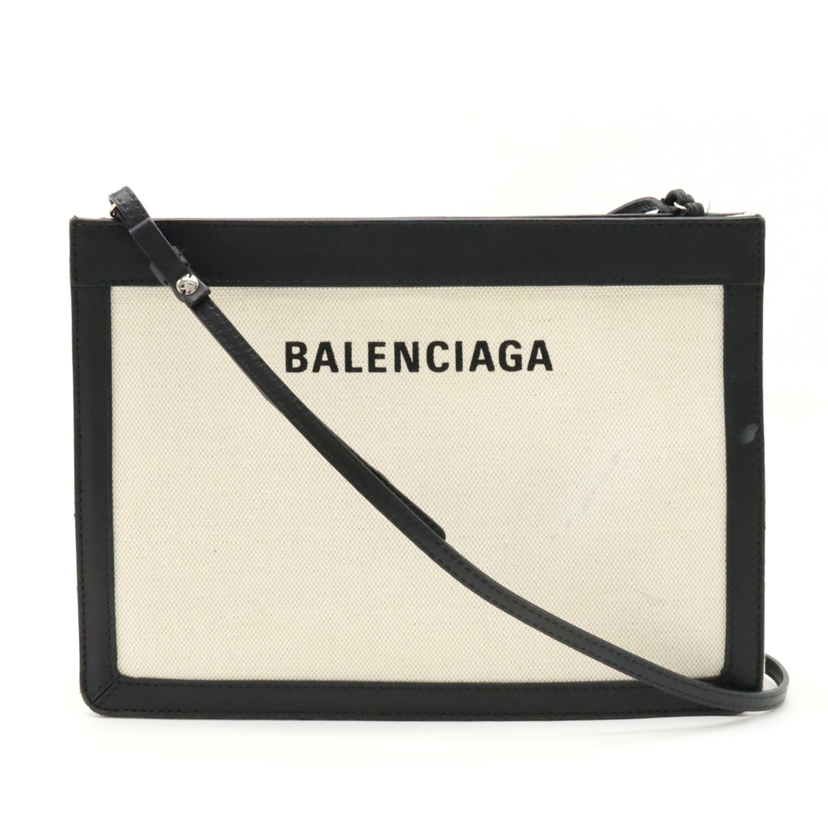 BALENCIAGA バレンシアガ ネイビー ポシェット ロゴ ショルダーバッグ 斜め掛け キャンバス レザー ナチュラル_画像1