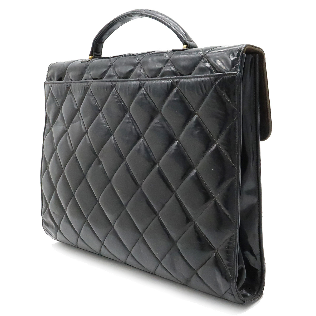 CHANEL Chanel matelasse here Mark business bag briefcase handbag enamel pa tent leather black 