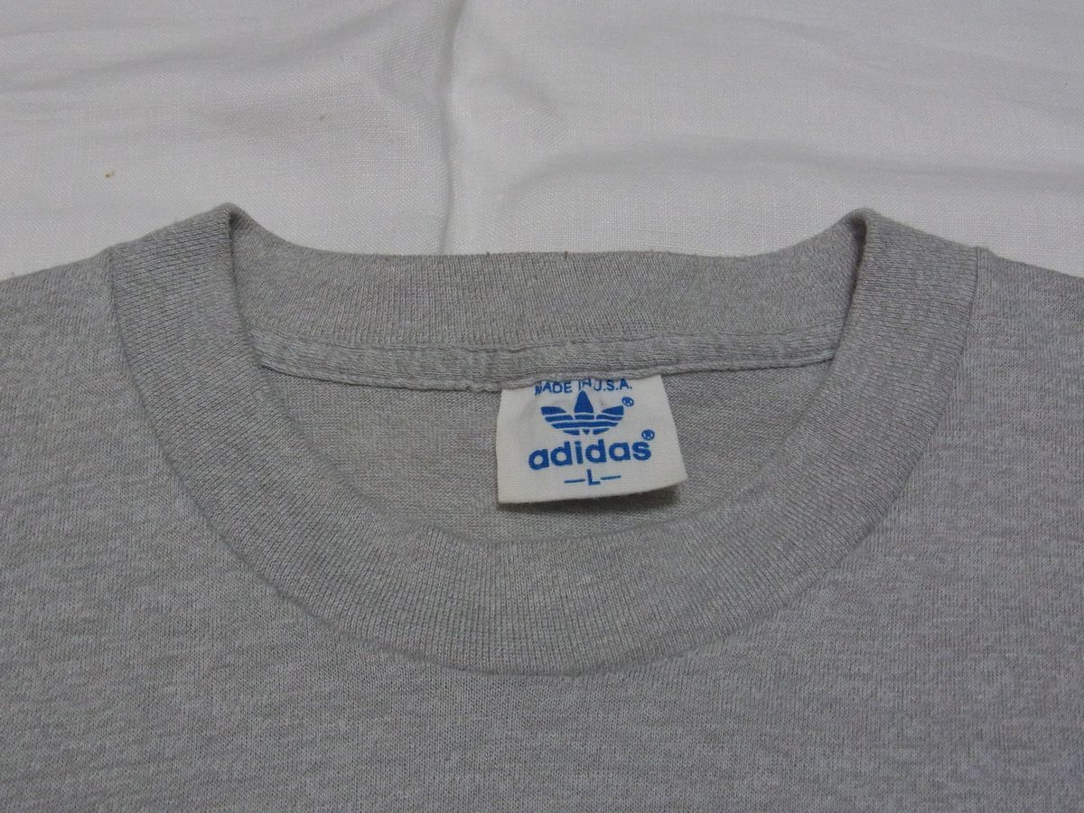 ☆美品☆ 80s USA製 ビンテージ adidas アディダス トレフォイル Tシャツ sizeL グレー ☆古着 5連プリント レインボー ATP 70s オールド_画像3