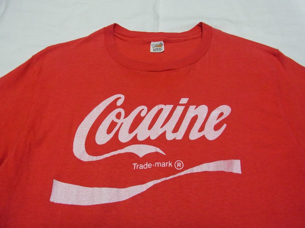 ☆ 70s USA製 ビンテージ COCAINE コカイン Tシャツ sizeL 赤 ☆古着 コカ・コーラ パロディ Hanes ヘインズ マリファナ ロック 80s OLD_画像2