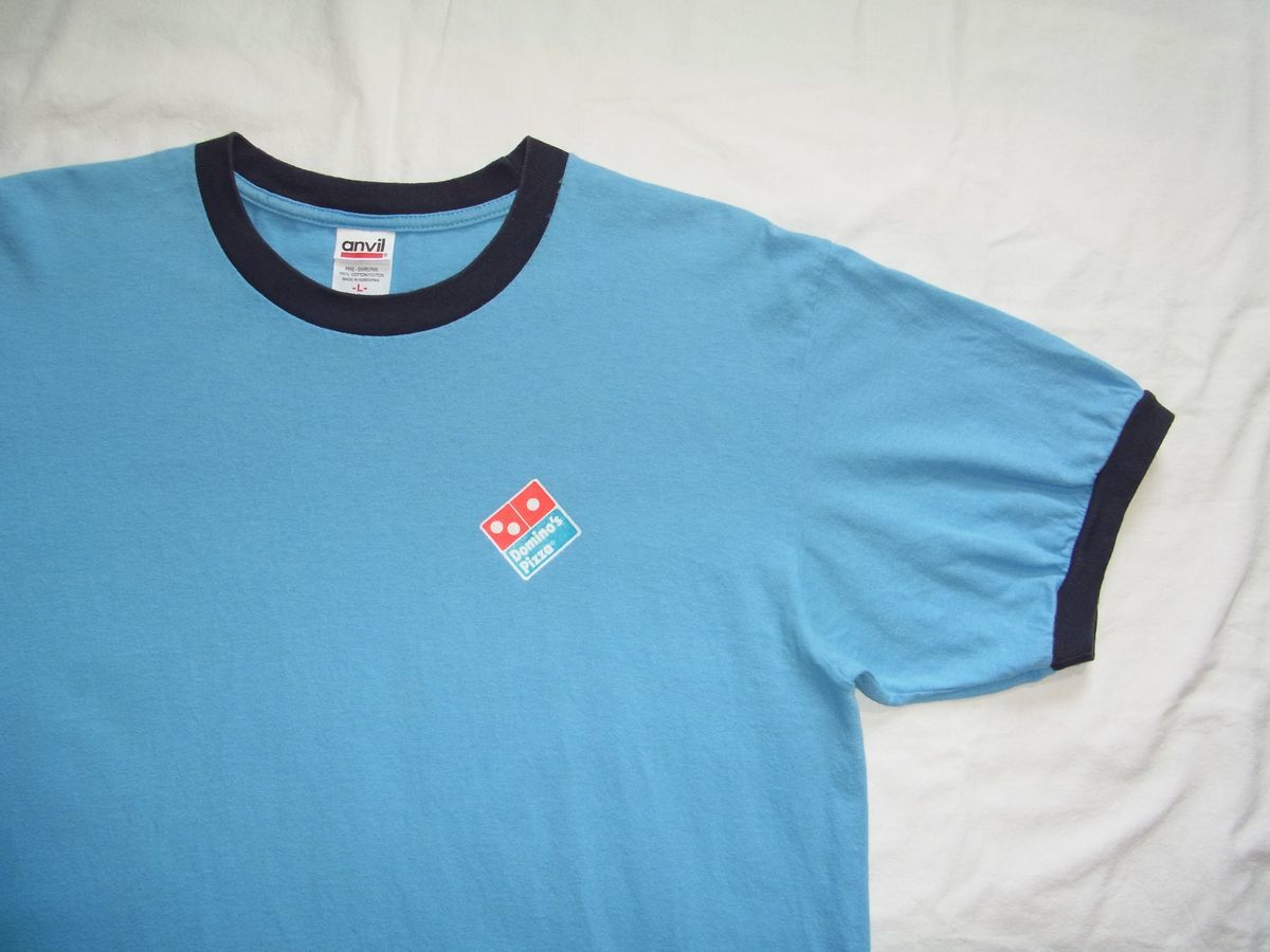 ☆ 00s ビンテージ Domino's Pizza ドミノ・ピザ 旧ロゴ リンガー Tシャツ sizeL 水色 ☆USA古着 トリム ワンポイント 企業物 90s オールド_画像2