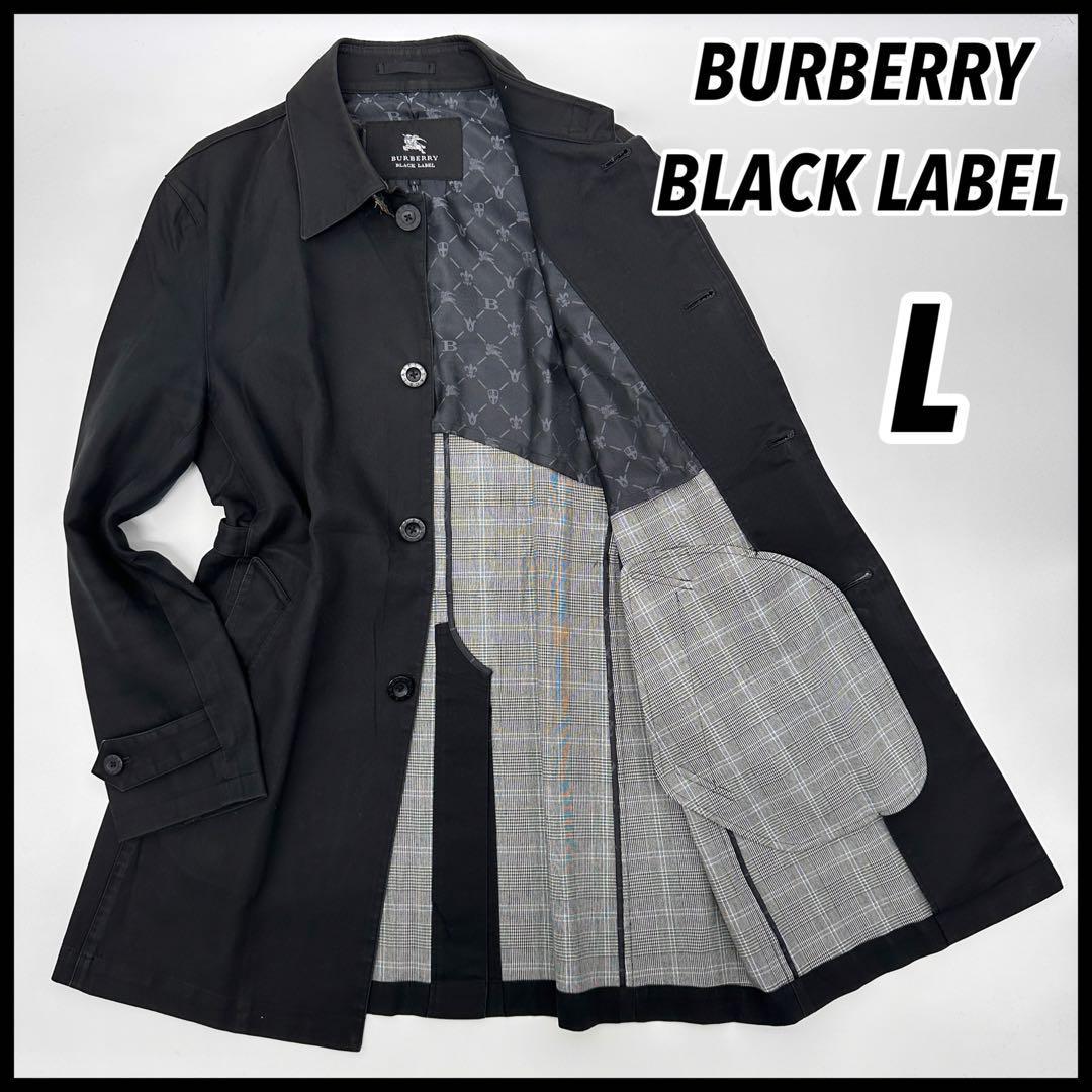 【極美ライン】BURBERRY BLACK LABEL バーバリーブラックレーベル コットン チェスターコート ノバチェック ホースロゴ L ブラック 黒