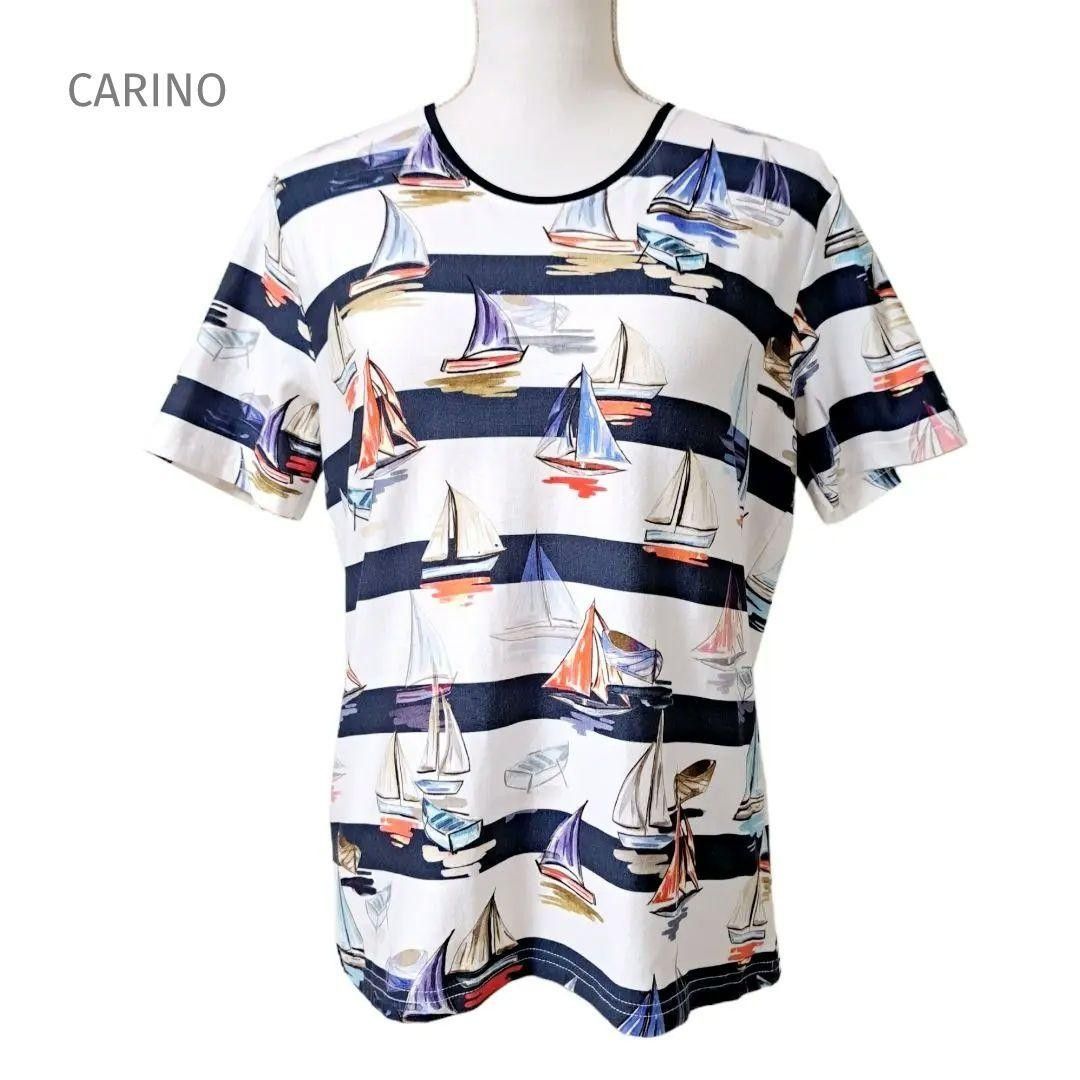 新品タグ付き CARINO カリーノ イタリア製 Tシャツ 総柄 半袖 コットン 未使用 カットソー ボーダー 総柄 L