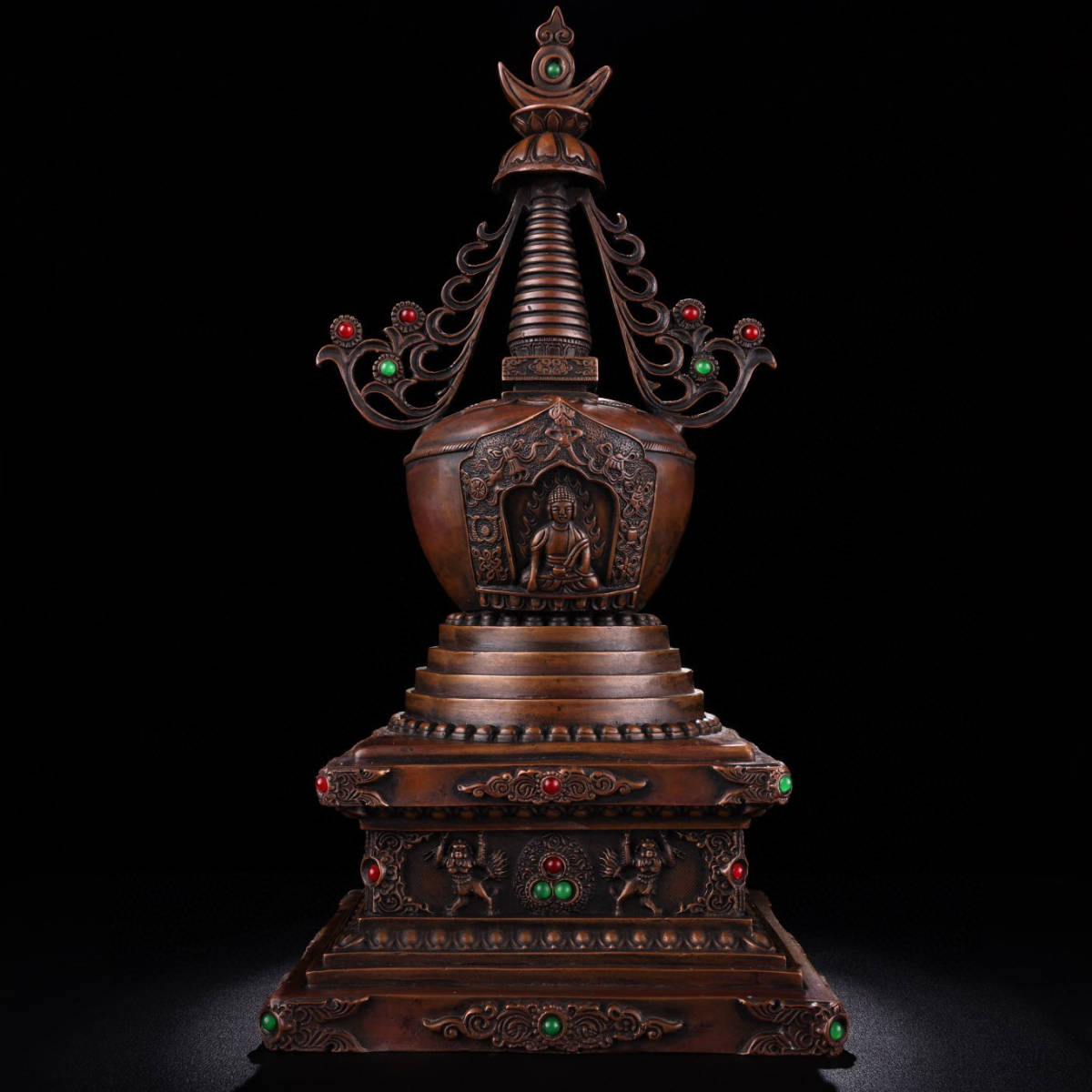 超珍館蔵】銅製 寶石嵌 彩繪 描金 強巴仏 龍騰四海紋 檀木箱箱付 置物
