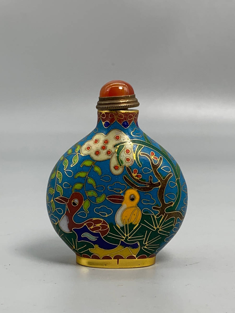 超珍館蔵】銅製 景泰藍 琺瑯彩 花鳥紋 鼻煙壺 置物 古賞物 古美術品