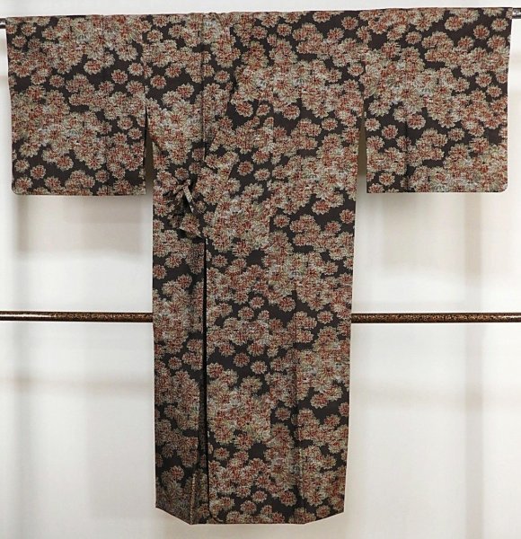 AM34　正絹　単衣　紬　コート　こげ茶地　花柄　身丈122ｃｍ