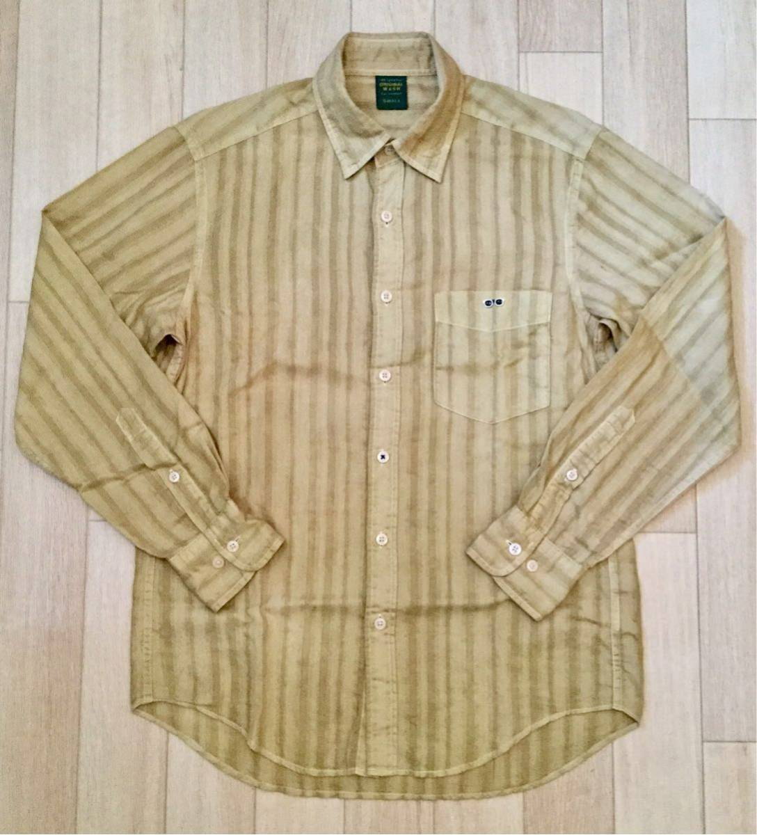 8.5@ 古着リメイク ムラ染め ストライプ柄 シャツ Khaki SIZE:S “UNIQLO” 手染め