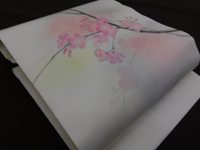 〔楽布特選〕P24499　塩瀬手描き桜の名古屋帯　未使用仕立て上がり品　オークション　t