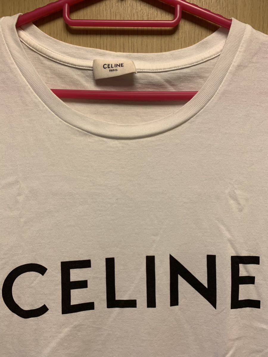 正規 20SS CELINE セリーヌ Hedi Slimane エディスリマン ロゴ プリント クルーネック Tシャツ 白 XL 2X308916G